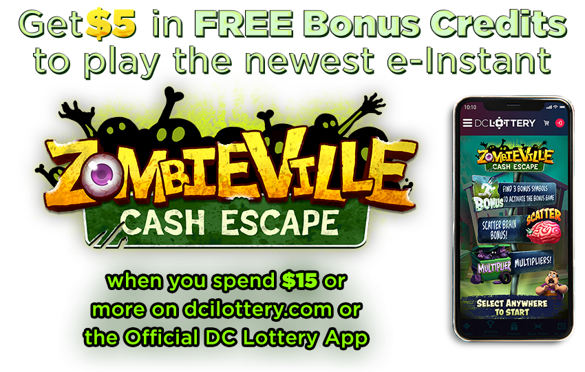 Banner Reading: Get $5 in FREE Bonus Credits to play the newest e-Instant Zombiville Cash Escape